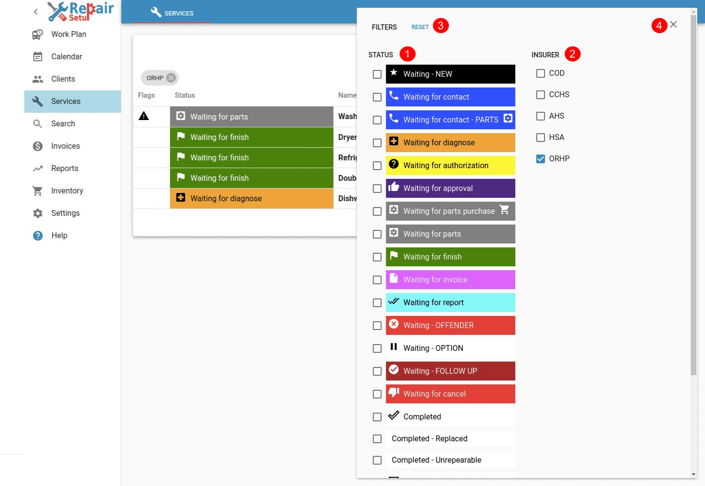 Services - Filter dialog