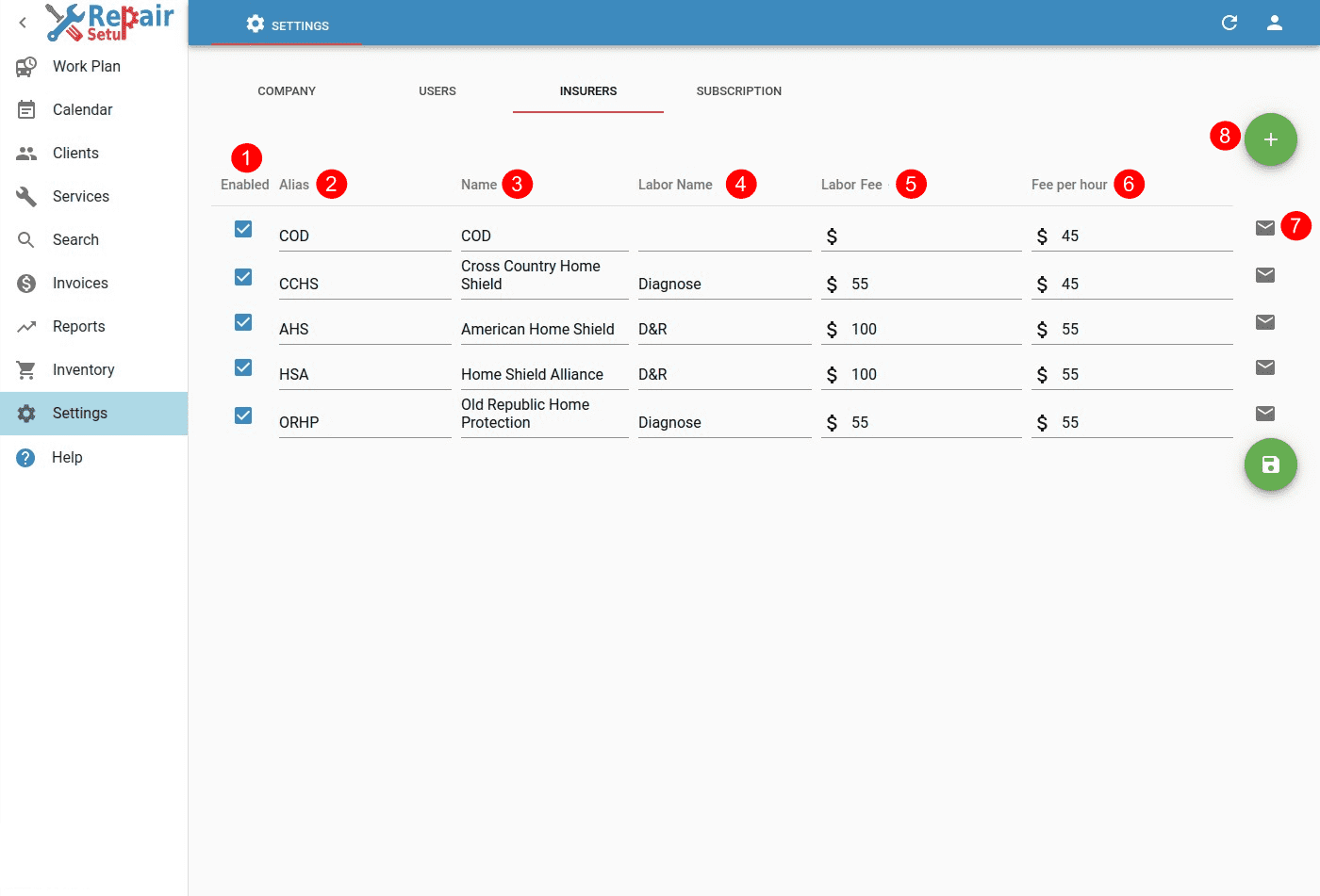 Settings - Insurers