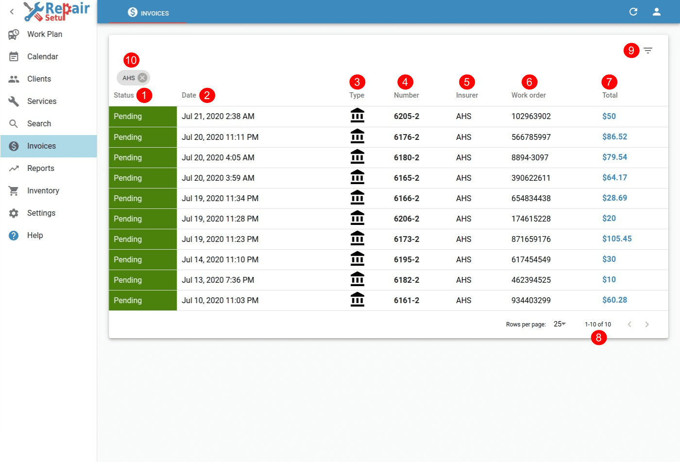 Invoices - Desktop view