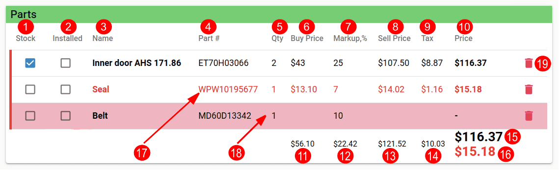 Invoice - Parts pane