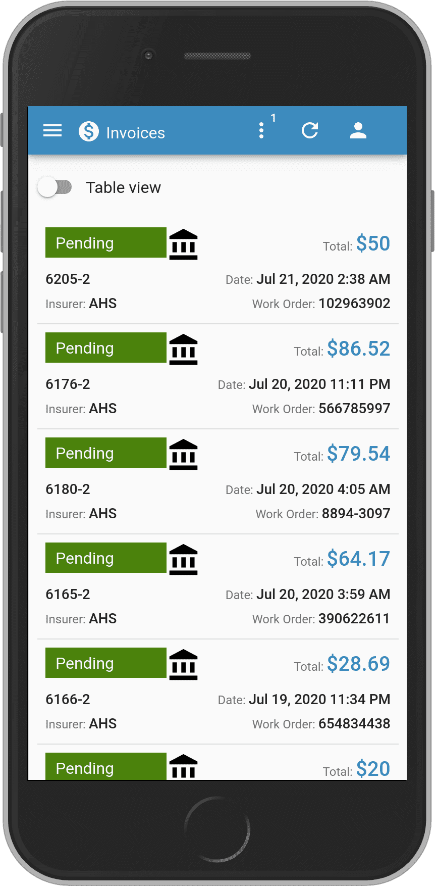 Invoices - Mobile view