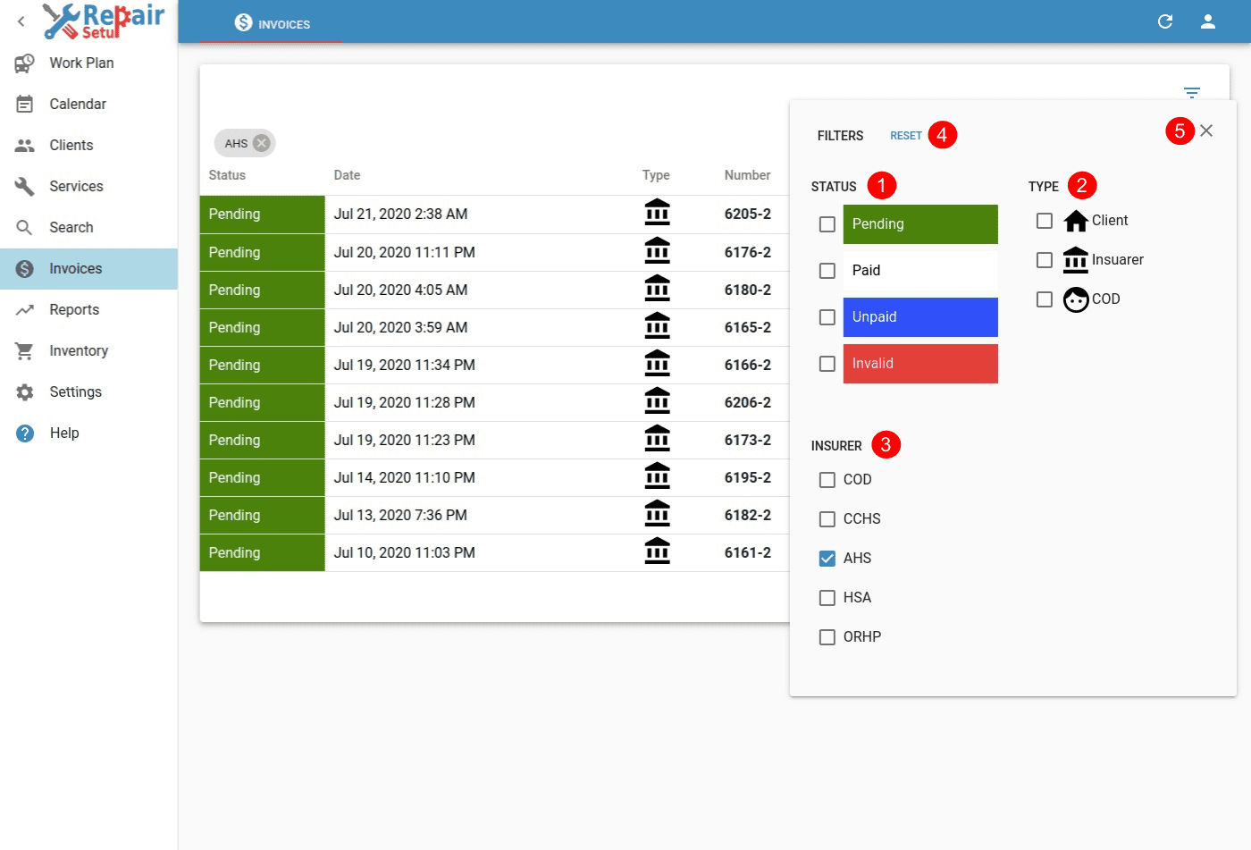 Invoices - Filter dialog