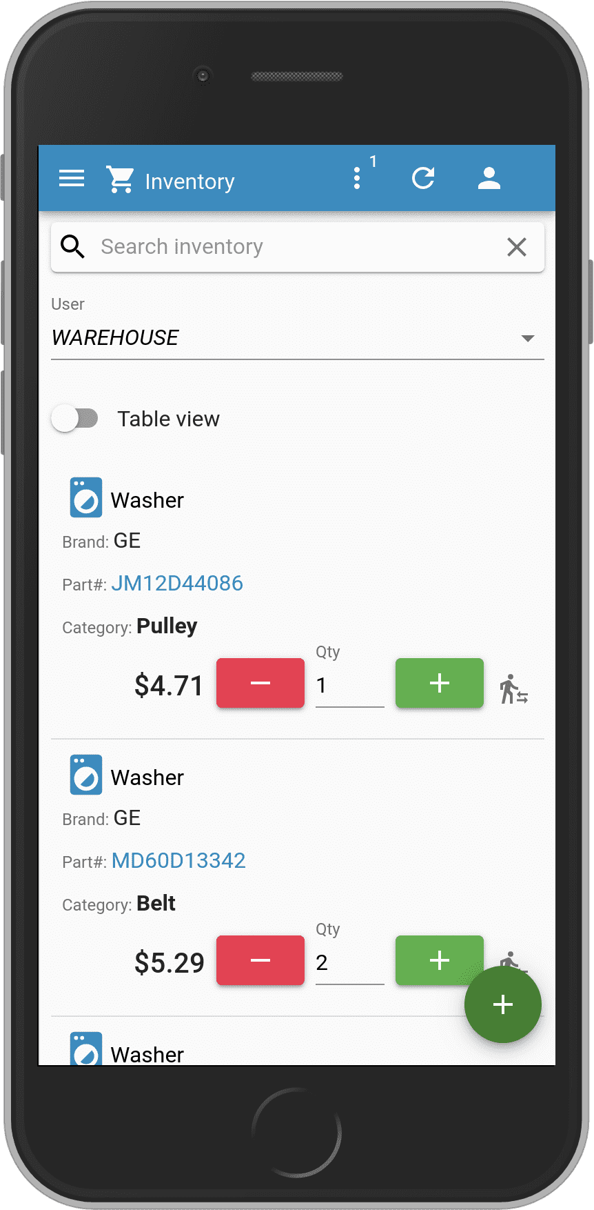 Inventory - Mobile view
